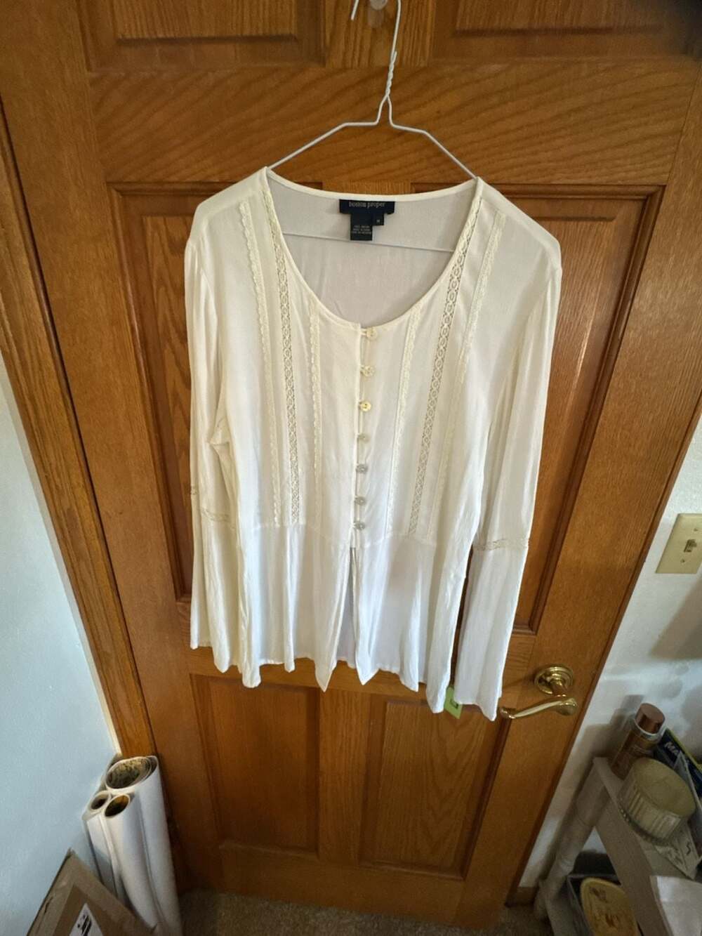 Boston Proper Ivory Rayon Lace Trim Long Bell Sleeve Peplum Blouse Top Size M